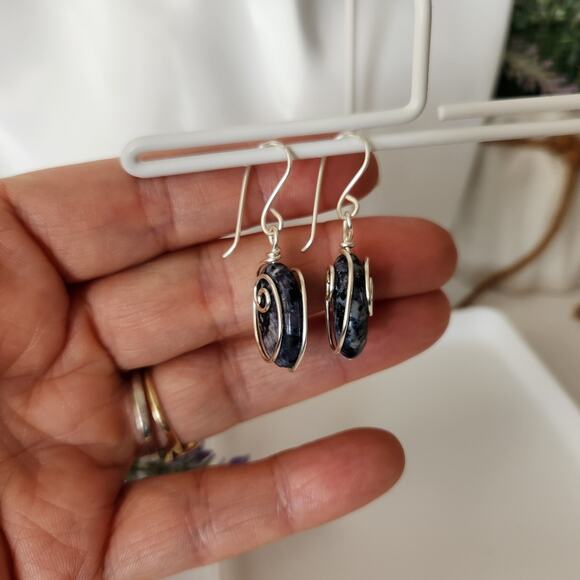 Blue Sodalite Stone Wire-wrapped Dangle Earrings / Minimalist Stone Earrings - Picture 8 of 11